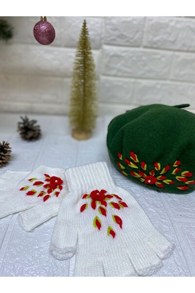 sema aksesuar Handmade Red Floral Embroidered Pearls Green French Painter Beret Hat and White Fingerless Gloves