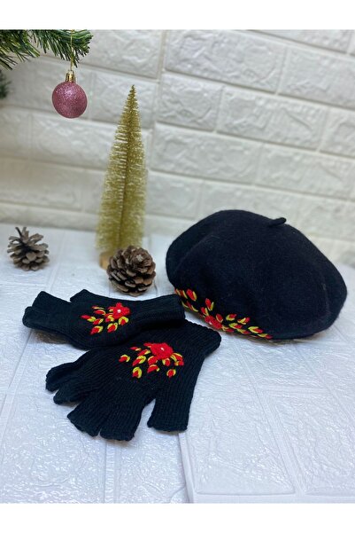 sema aksesuar Handmade Red Floral Embroidered Pearls Black French Painter Beret Hat and Fingerless Gloves Set