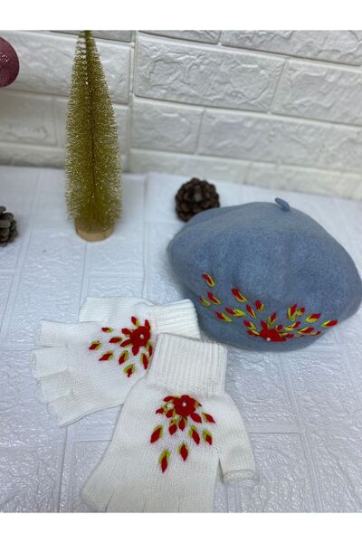 sema aksesuar Handmade Red Floral Embroidered Pearls Gray French Painter Beret Hat and White Fingerless Gloves Set