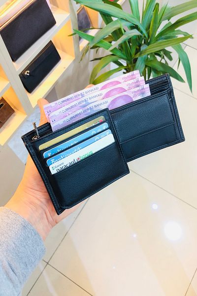derius Vegas Black Zipper Compartment Genuine Leather Men's Wallet with Name Print (with Coin Compartment)
