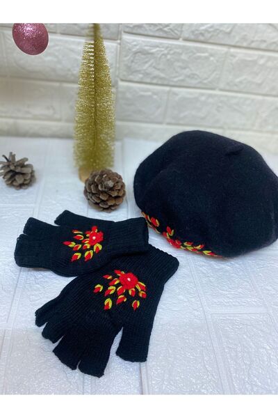sema aksesuar Handmade Red Floral Embroidered Pearls Black French Painter Beret Hat and Fingerless Gloves Set
