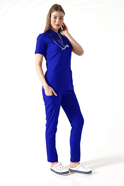 TİJA زي Saks Blue Premium Flex Doctor Nurse الموحد، بدلة العمل، فرك الليكرا