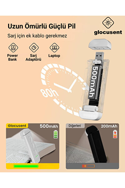 Glocusent USB Şarj Edilebilir LED Kitap Ayracı Arası Okuma Işığı Ayracı Portatif Şarj Edilebilir