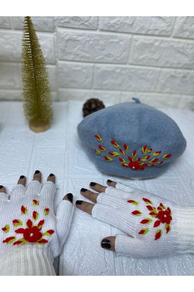 sema aksesuar Handmade Red Floral Embroidered Pearls Gray French Painter Beret Hat and White Fingerless Gloves Set