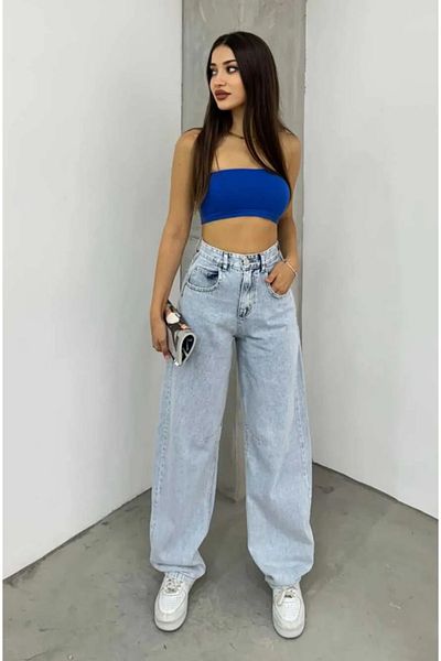 DRC trend Musiala Blue Baggy Buckle Detailed Loose Fitting Wide Leg Casual Baggy Jean Loose Women's Trousers