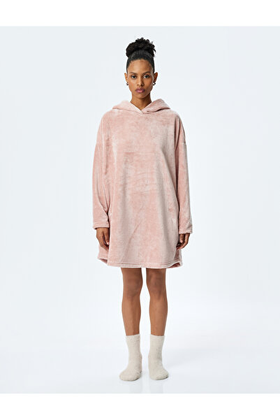 Koton Long Sleeve Oversize Hooded Plush Dressing Gown with Pockets