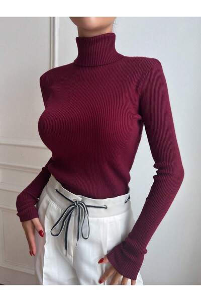 gloryfasion Kadın Kaşkorse Triko Boğazlı Balıkçı Yaka Kışlık Bordo Kazak