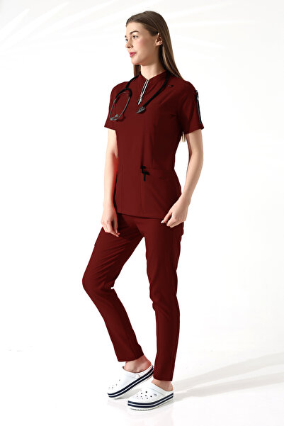 TİJA Bordo Premium Flex Doktor Hemşire Üniforma, Nöbet Takımı, Likralı Scrubs