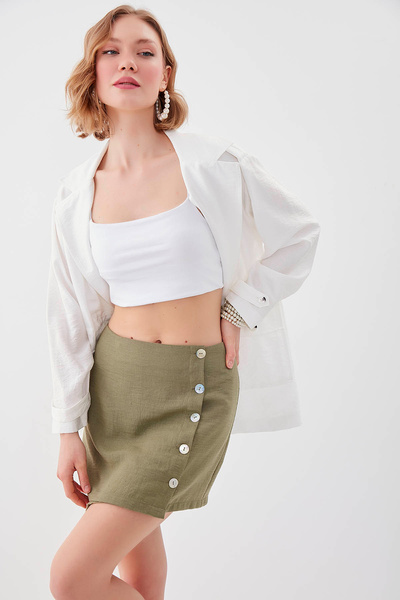 Vitrin Viscose Linen Mini Skirt with Mother of Pearl Buttons
