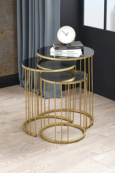 Mobievim Napoli Gold Metal Ayaklı, Füme Aynalı Zigon Sehpa 3'lü