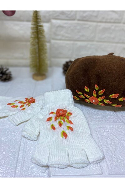 sema aksesuar Handmade Orange Floral Embroidered Pearls Brown French Painter Beret and White Fingerless Gloves