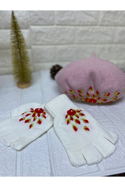 sema aksesuar Handmade Red Floral Embroidered Pearls Pink French Painter Beret Hat and White Fingerless Gloves
