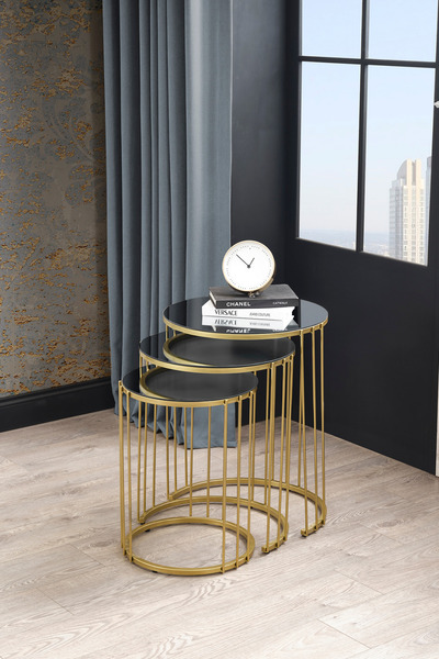 Mobievim Napoli Gold Metal Ayaklı, Füme Aynalı Zigon Sehpa 3'lü