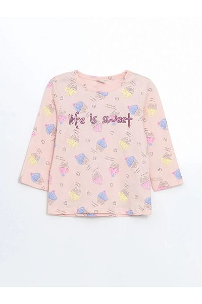LC Waikiki Lcw Kids Pink Crew Neck Printed Girls' Pajamas Set