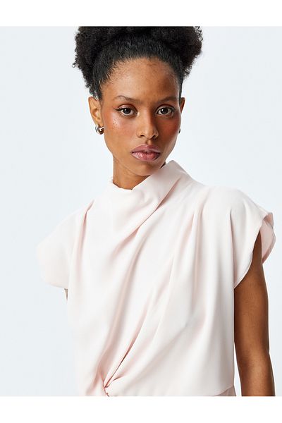 Koton Drawstring Detailed Cap Sleeve Draped Stand Collar Blouse