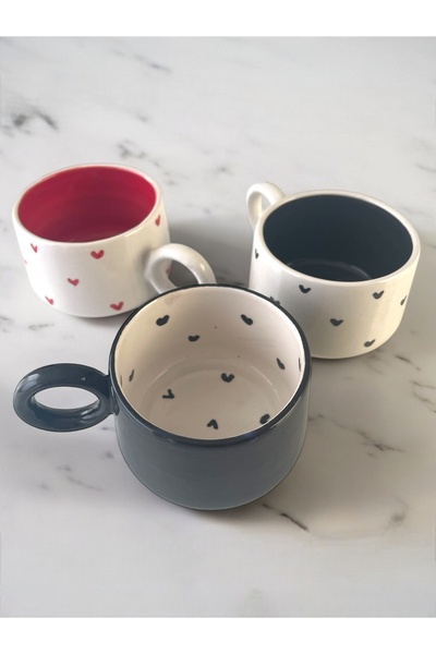 Artistic Quality Decorative Handmade, Black and Red Heart Embroidered Tea Coffee Cup Set 3 Pieces