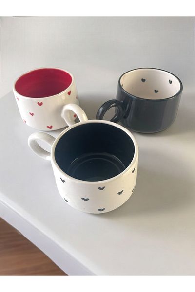 Artistic Quality Decorative Handmade, Black and Red Heart Embroidered Tea Coffee Cup Set 3 Pieces