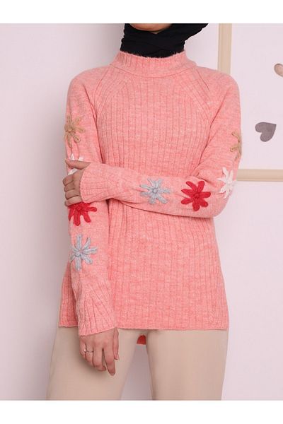 Modamorfo Embossed Embroidered Long Back Winter Knitwear Tunic -Salmon