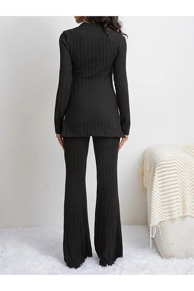Moka Shopin Mokashopin Women's Long Sleeve Round Neck Side Slit Detailed Hooded Camisole Blouse and Pants
