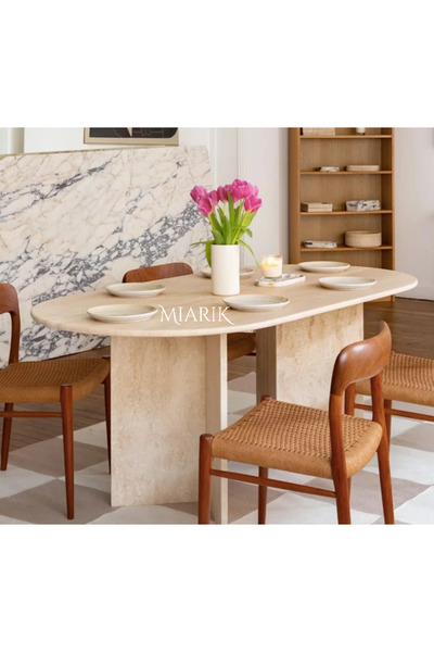 MIARIK DESIGN & DEKORASYON Traverten Uzun V Ayak Oval Yemek Masası