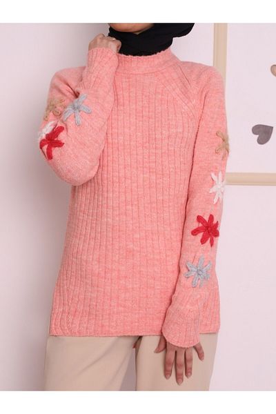 Modamorfo Embossed Embroidered Long Back Winter Knitwear Tunic -Salmon