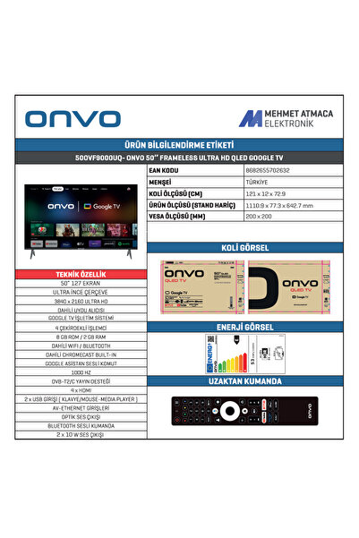 ONVO 50ovf9000uq 50'' 127 Ekran Uydu Alıcılı 4k Ultra Hd Qled Google Smart Tv