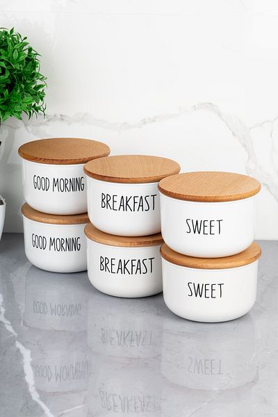 MODA OZY 6-Piece Wooden Lid Vacuum Transfer Labeled Breakfast Set 400ml Acrylic (Plastic) Jar