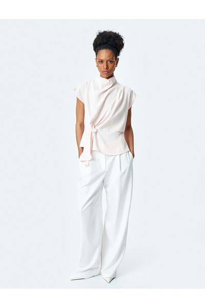 Koton Drawstring Detailed Cap Sleeve Draped Stand Collar Blouse
