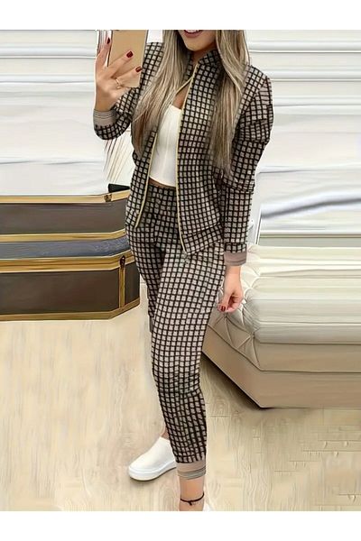 modaserdem Women's Long Sleeve Front Zipper Patterned Raised Diving Jacket and Trousers Double Set