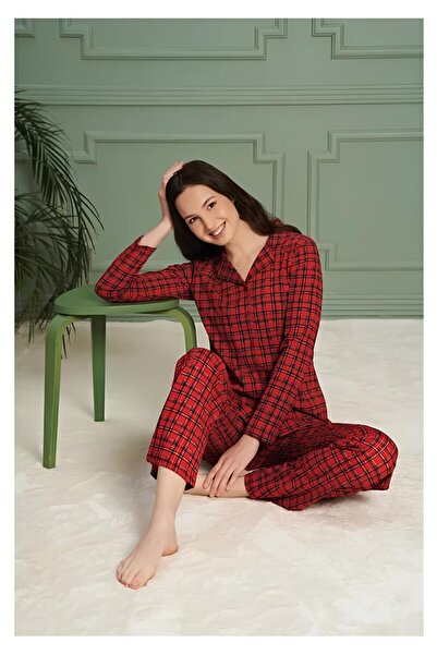 Over Sleep by Poleren Kadın Uzun Kollu Düğmeli Pijama Takımı 1403