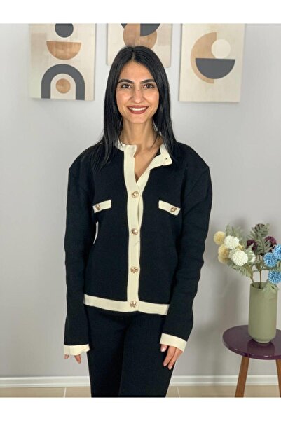 YusGos Women's Gold Buttoned Black and White Striped Knitwear Set