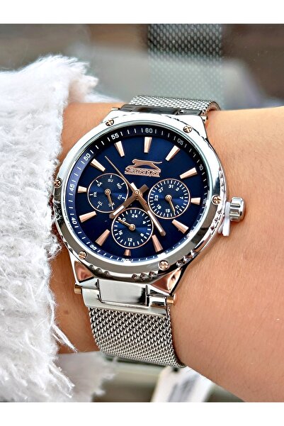 Slazenger Fonksiyonlu Gümüş-Lacivert Renk Çelik Kordon Kadın Kol Saati 2166