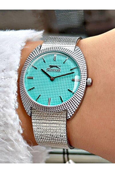 Slazenger Özel Tasarım Gümüş-Turkuaz Renk Hasır Çelik Kordon Kadın Kol Saati ...