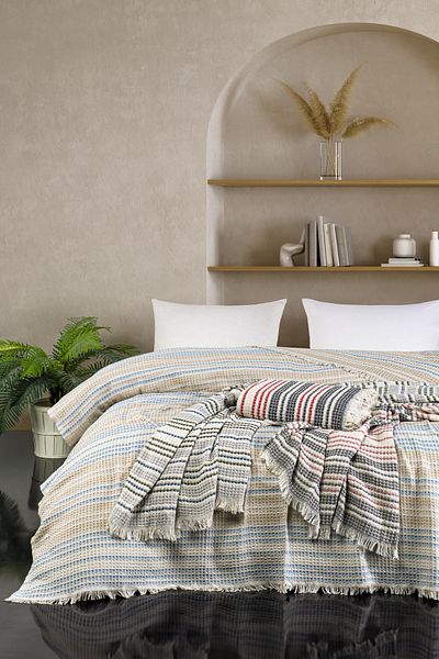 ÇIQRIK HOME Natural Jacquard Cotton Plaid Double Pique Bedspread