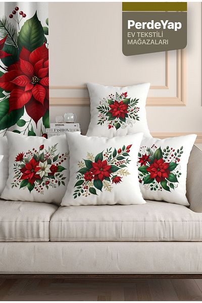 PerdeYap1980 4-Piece Digital Printed Red Roses Garden Patterned Throw Pillow Cover - 43 X 43 cm 052