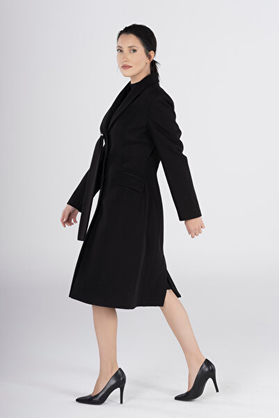 PEARL Deri Sırt ve Cep Detaylı Siyah Midi Kaşmir Kaşe Kaban - Şık, Sıcak ve Konforlu Tasarım