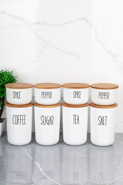 MODA OZY Set of 8 Vacuum Transfer Labeled Jars with Wooden Lids 900/400 ml Acrylic (PLASTIC) Jar