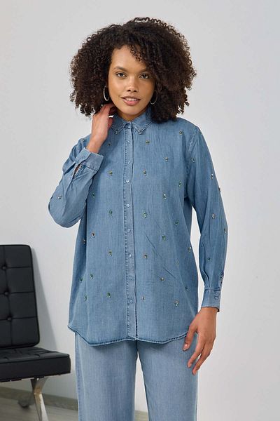 MİA NOURA Cămașă din denim cu broderie cu piatră în față pentru femei