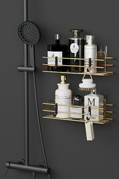 wearme Home Gold Altın Yapışkanlı 2 Adet Banyo Rafı Duş Şampuanlık Duvar Düze...