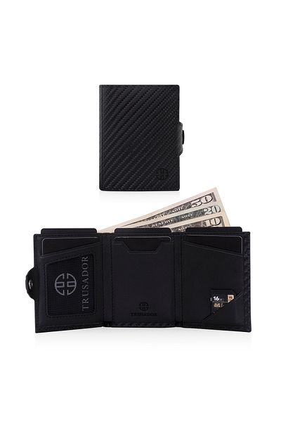 Trusador Verona Carbon Zippered Genuine Leather Wallet Unisex Rfid Protect Coin Pocket Men Women
