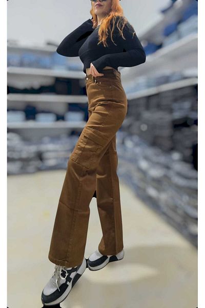 LAMİRA Ramsey Women's Brown Colorfast Lycra Non-Back Pocket Model Cargo Palazzo Trousers