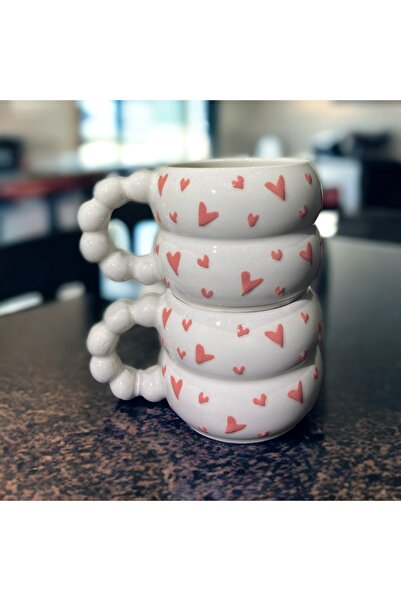 İZart 2-Piece Bead Handle Patterned Pink Heart Valentine's Day Special Embossed Handmade Ceramic Mug