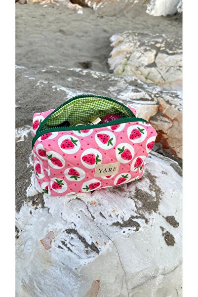 Yare Atelier Çilek Desen Kumaş Makyaj Çantası, Taşınabilir Makyaj Çantası Seyahat Çantası