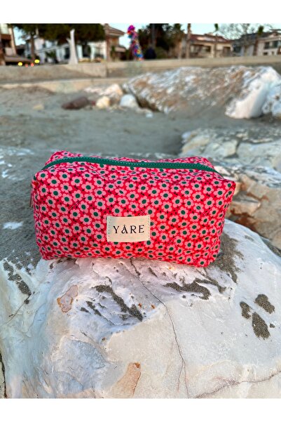 Yare Atelier Розова чантичка за грим с мотив от малки цветя, преносима чантичка за грим, чантичка за пътуване