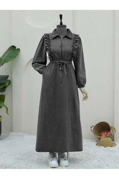 Modamorfo Half Zipper Tunnel Lace-Up Denim Dress -Anthracite