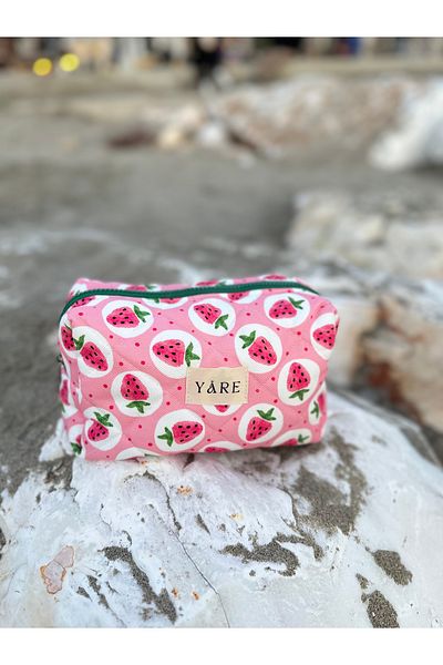 Yare Atelier Υφασμάτινη τσάντα μακιγιάζ με μοτίβο φράουλας, φορητή τσάντα μακιγιάζ Τσάντα ταξιδιού