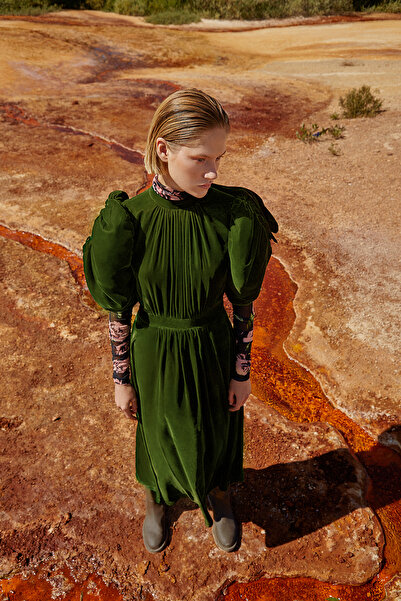 Jus De Pommes Yeşil Gigot Kol Dik Yaka Büzgülü Midi Elbise