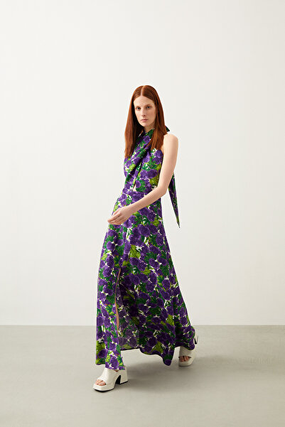 Jus De Pommes DESENLİ BOYUNDAN BAĞLAMALI KOLSUZ MAXİ ELBİSE