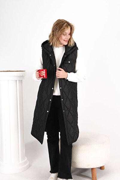 sehatex Γυναικείο μακρύ καπιτονέ γιλέκο με κουκούλα που κλείνει με κουμπωτό κουμπωτό