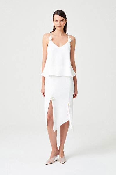 Jus De Pommes BEYAZ İNCE ASKILI BLUZ BEYAZ MİDİ BOY ETEK TAKIM